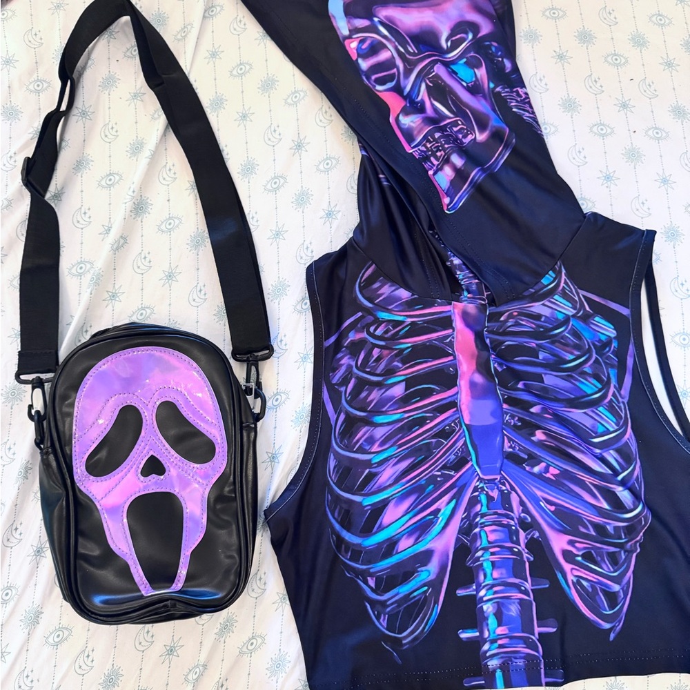 Holographic Skeleton Tank Top and Ghost Face Crossbody Bag